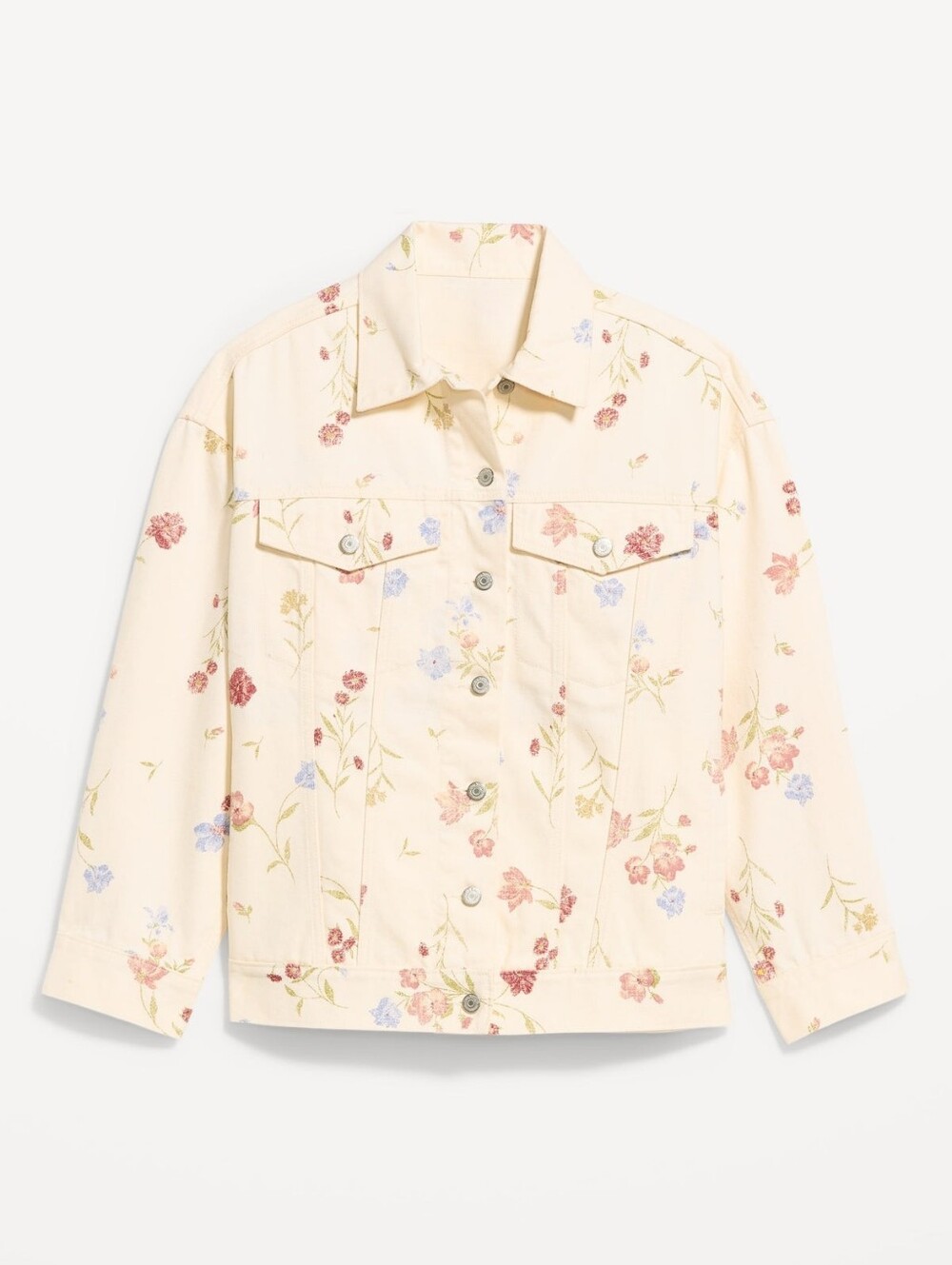 NWT Old Navy Cream Floral Button-Front Jean Jacket with Multi-Color Blooms XL
